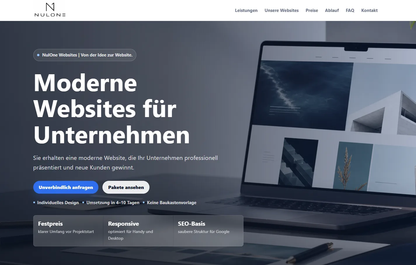 Screenshot einer modernen Website für Unternehmen von NulOne Websites