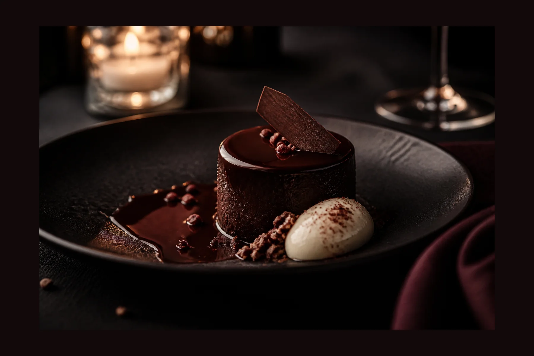 Dunkles Schokoladendessert auf schwarzem Teller