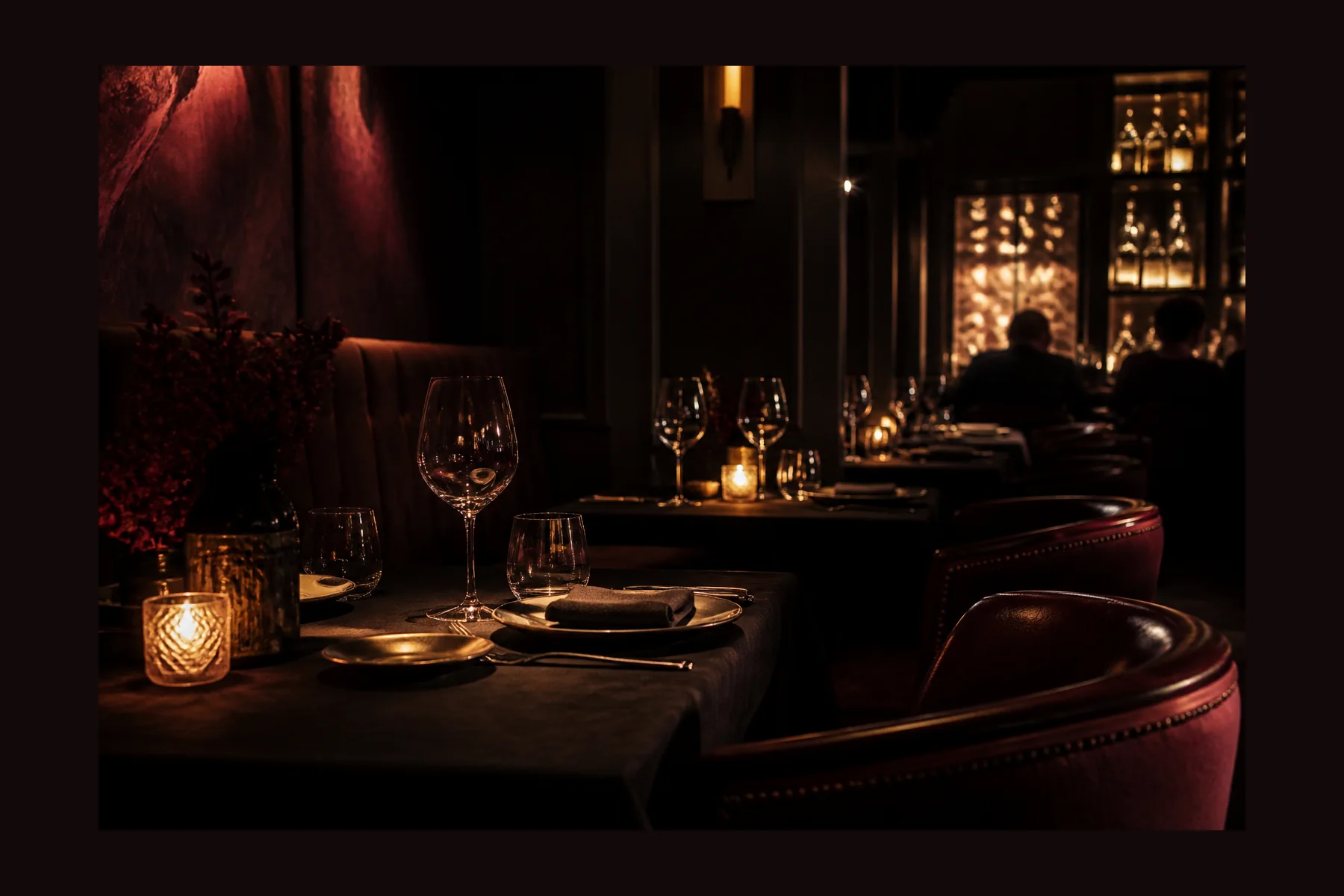 Dunkles Restaurant mit Kerzenlicht, Wein und gedeckten Tischen am Abend