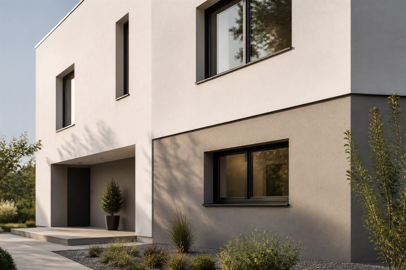 Moderne Fassade mit hellen Putzfl&auml;chen als fiktive Referenzoptik