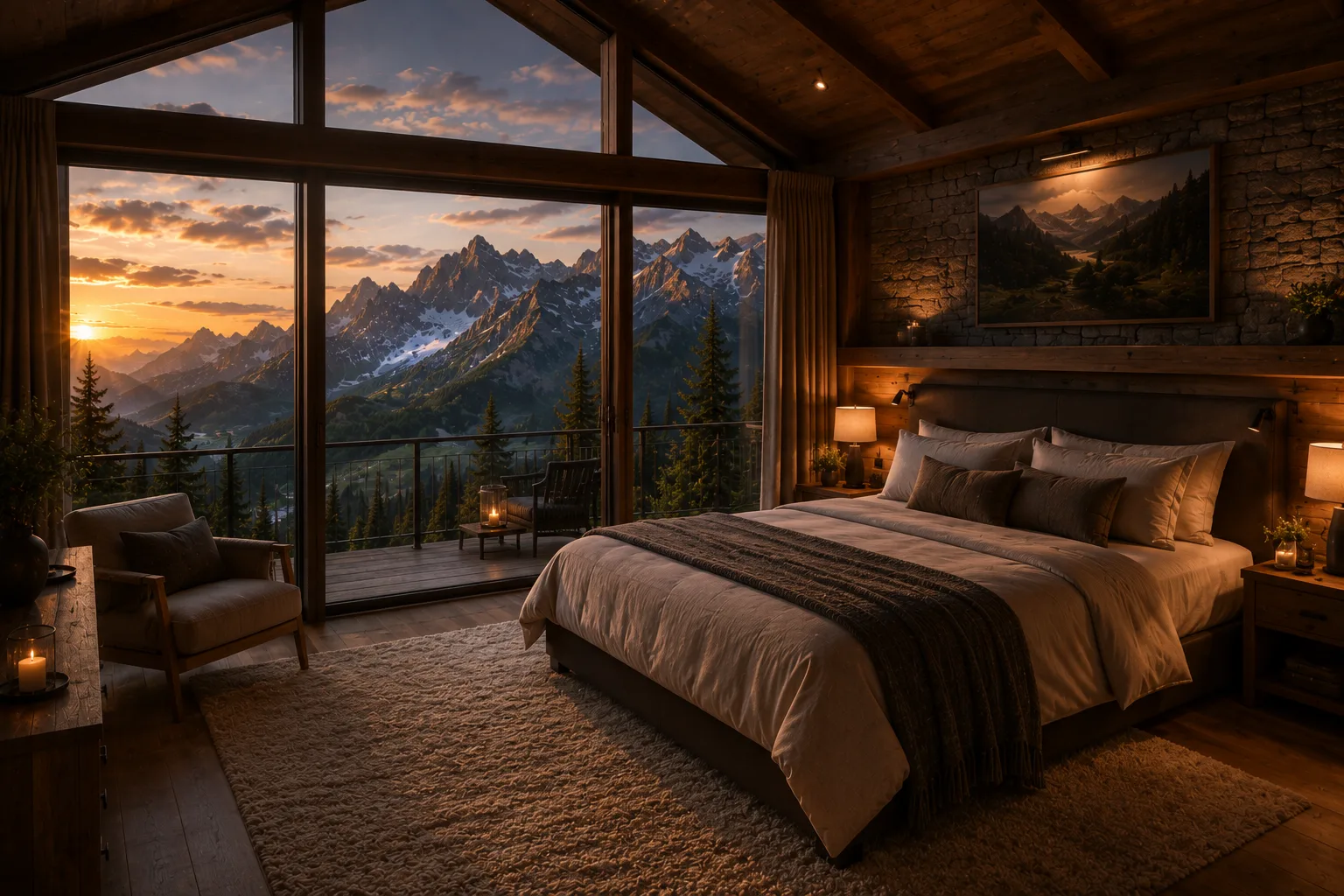 Bild KI-generiertes Schlafzimmer des fiktiven Bergchalets Falkenruh