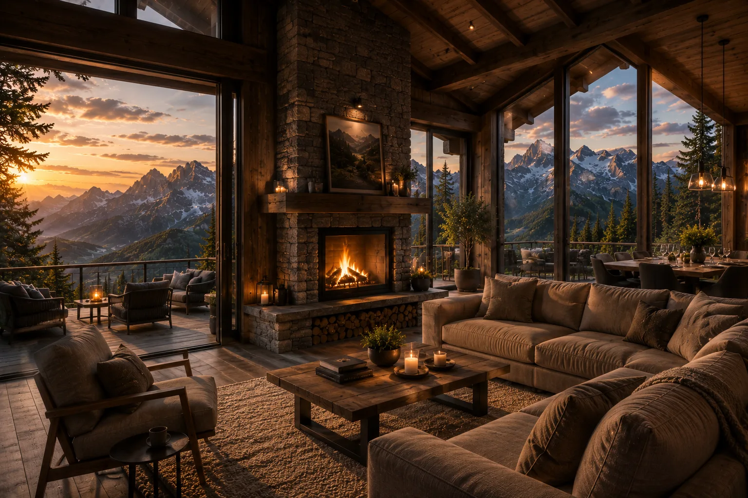 Bild KI-generierter Wohnbereich des fiktiven Bergchalets Falkenruh