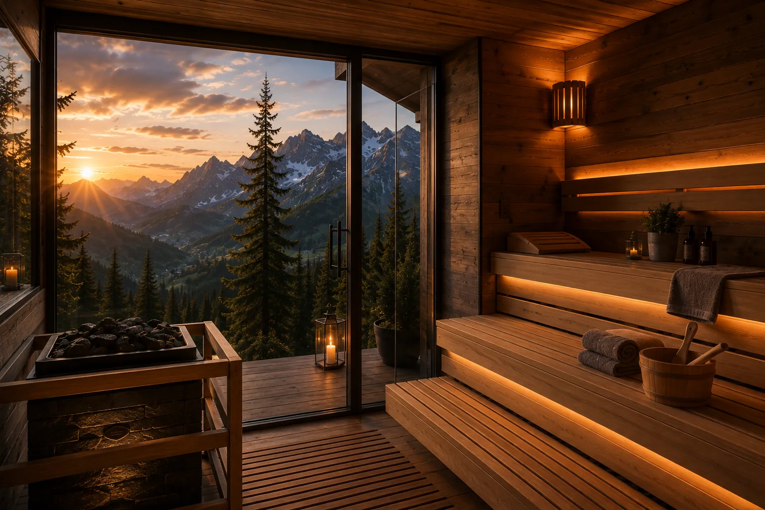 Bild KI-generierte Sauna des fiktiven Bergchalets Falkenruh
